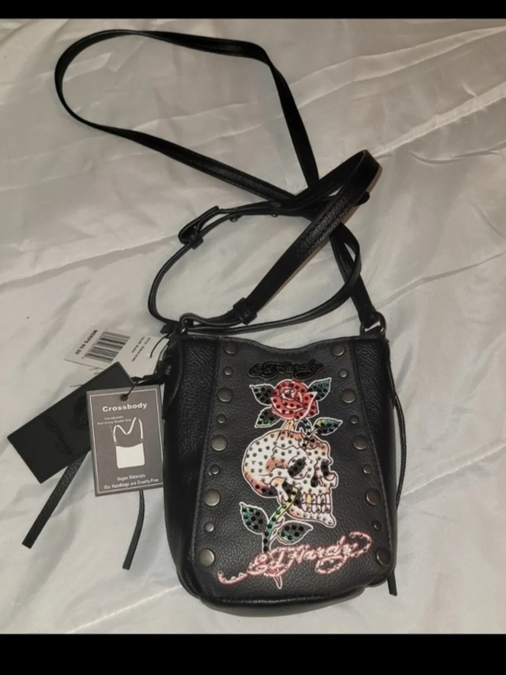 Ed Hardy Black Crossbody Bag with Embroidered Skull & Rose Detail